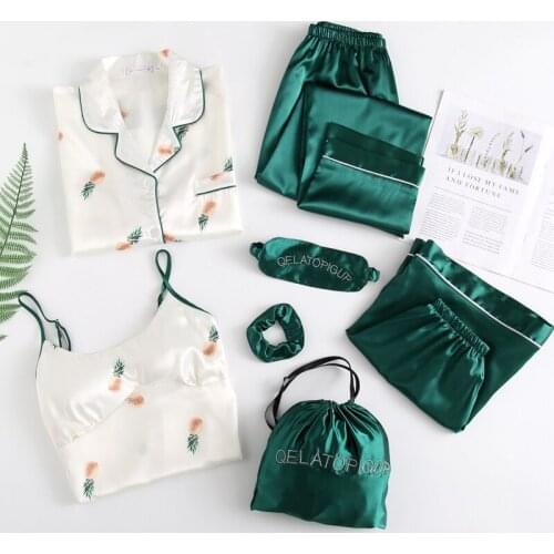 Summer Autumn 7 Pcs Set Silk Elegant 2019 Women Pajamas Print Shorts Long Sleeve Top Elastic Waist Pants Full Sleepwear Set