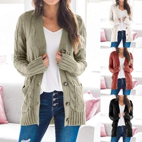 Women Autumn Open Front Knitted Cardigan Sweater Button Pockets Outwear Coat