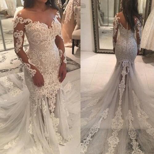 2021 On Sale Delicate Lace Mermaid Long Sleeve Bridal Wedding Gowns Illusion Neckline See Through Skirt Wedding Dress for Bride
