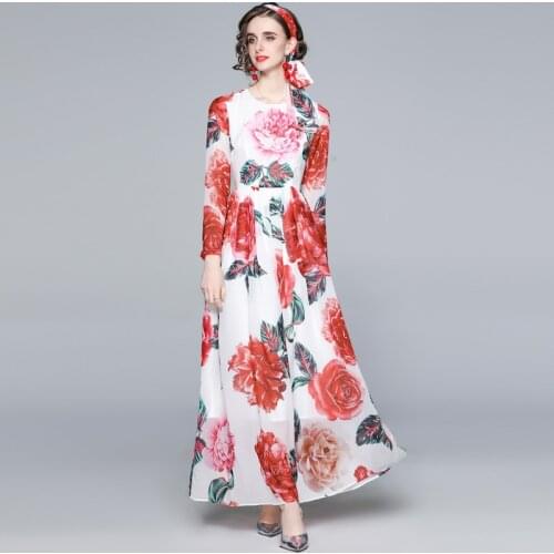 Floral Printed Boho Maxi Dress Women Summer Long Sleeve Large Swing Dress 2021 Chiffon Printed Dress with Silk Scarf with Lining