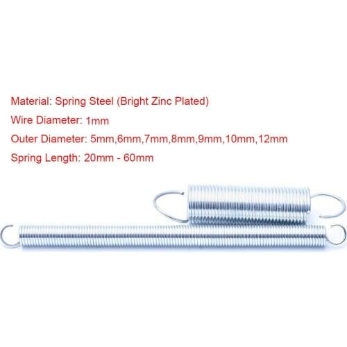 10Pcs 1mm Wire Diameter Bright Zinc Plated Extension Spring Tension Spring With Open Hook Outer Diameter 5 - 12mm Length 20-60mm