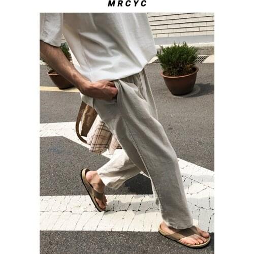 Linen pants mens Korean style trendy straight nine-point pants sports loose casual pants thin cotton linen pants men