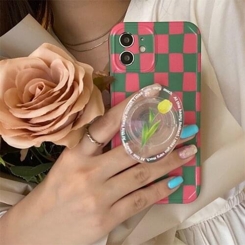 INS Korean style chess board Pink Green Check Phone Case For iPhone 11 12 ProMax XR XSMax X 7 8 Plus SE2 Tulip Stand cases Cover