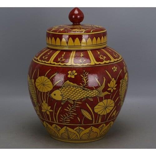 Antique MingDynasty porcelain pot,Red ground yellow Fish algae can ,Hand Painted Decoration /Collection/ crafts,Free shipping