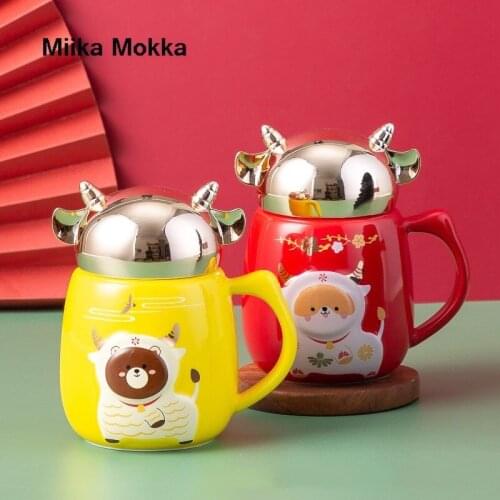 Ceramic Mug Creative Coffee Cup with Lid and Spoon Relief Tea Milk Cups Water Cup Mugs Kids Gift Red Blue Couple Cups