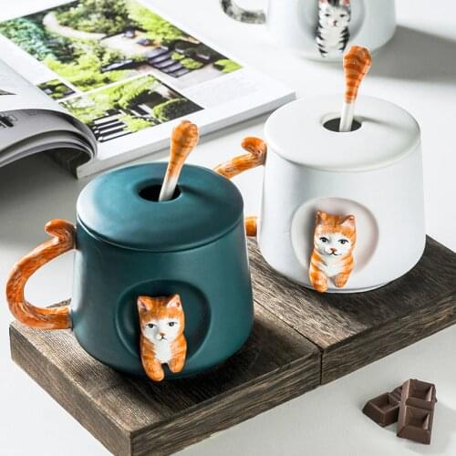 Cute Cat Ceramic Coffee Mugs With Lid Spoon 3d Cartoon Animal Water Tea Cups Home Office Breakfast Creative Drinkware