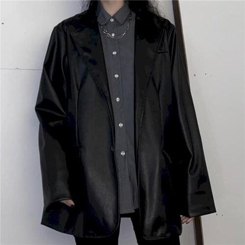 Korean Black Leather Moto Jacket Vintage Warm Female Loose Long Sleeve Suit Blazers Fashion Streetwear Womens Spring Coat 2021