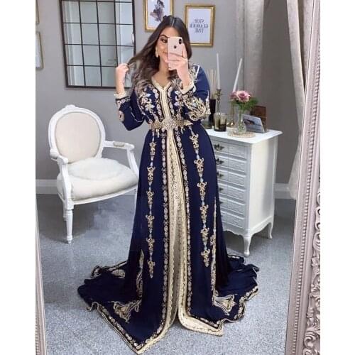 Moroccan Caftan Evening Dresses Embroidery Appliques Muslim Evening Dresses 2021 Kafutan Arabic Party Dress