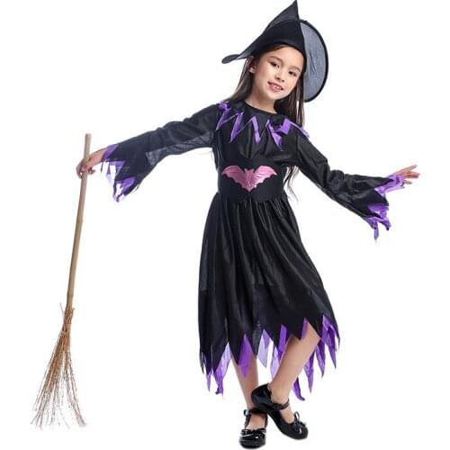 Fashion Girls Purple Bat Little Witch Dress Funny Halloween Dress Up Party Cosplay Costume Carnival Stage Performance Outfit