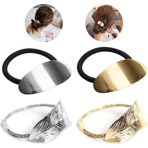 4PCS Alloy Hair Ties Fashion Leaf Oval Hair Elastics Ponytail Holder Headband Decorations Headwear for Girls Women