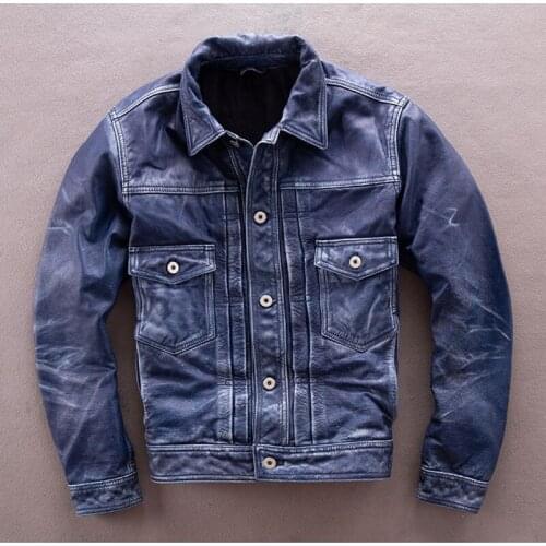 2021 Vintage Blue Casual Style Genuine Leather Jacket Men Plus Size 3XL Single Breasted Real Natural Cowhide Autumn Short Coat