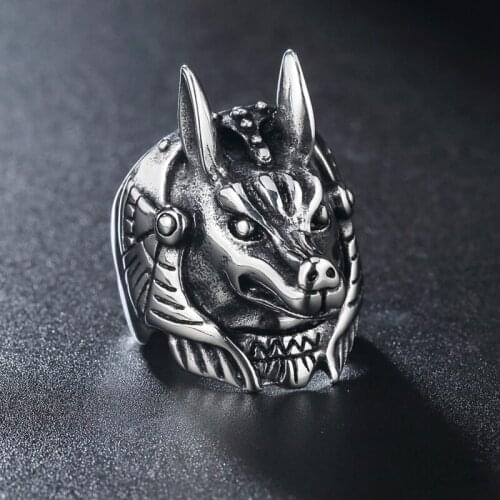Vintage The God Of Death Anubis Ring Men Stainless Steel Wolf Head Biker Rings Male Fashion Egypt Mythology Jewelry Dropshipping