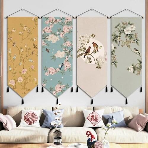 Chinese Style Bird Branch Scroll Painting Wall Art Canvas Posters Flowers Painting Wooden Hanging Painting Tapestry Home Decor