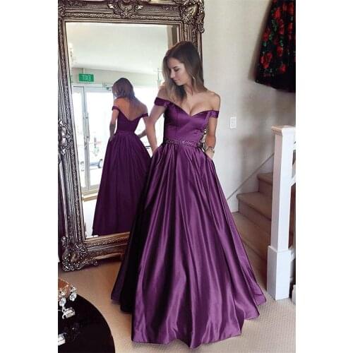 2020 New arrival Sweetheart Off Shoulder Satin Long Evening Dresses Formal Evening Gowns Elegant Crystal Backless Party Dress