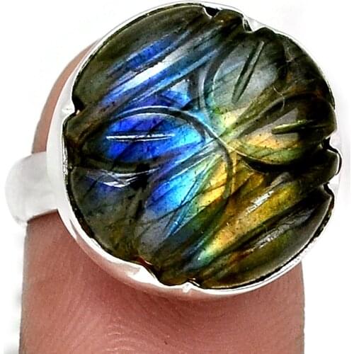 Genuine Carved Labradorite Ring 925 Sterling Silver, USA Size : 6.25 , AR4342