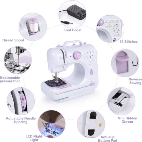 Portable Sewing Machine Mini Electric Household Crafting Mending Overlock 12 Stitches with Presser Foot Pedal Beginners