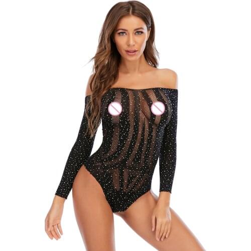 Faux Diamonds Blingbling Mesh See Through Bodysuit Hot Sexy High Cut Thong Swimsuit Long Sleeve Bodystocking Clubwear Bodies Top