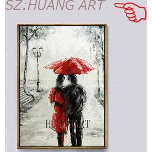 Hand Painted Modern Abstract Lover In The Rain Palette Knife Oil Painting Wall Art Canvas Home Decor For Living Room Poster Gift