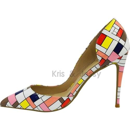 Customized Big Size 34-45 Colorful Print Patent Leather Shallow Toe Genuine Leather Insoles Elegant Women High Heels Shoes