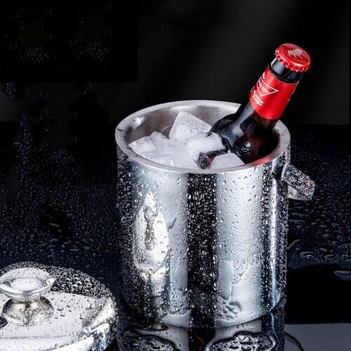 Stainless Steel Insulated Chilling Ice Bucket Double-Wall Wine Cooler Ice Bucket with Lid, Clip and Filter for Party Bars Tools