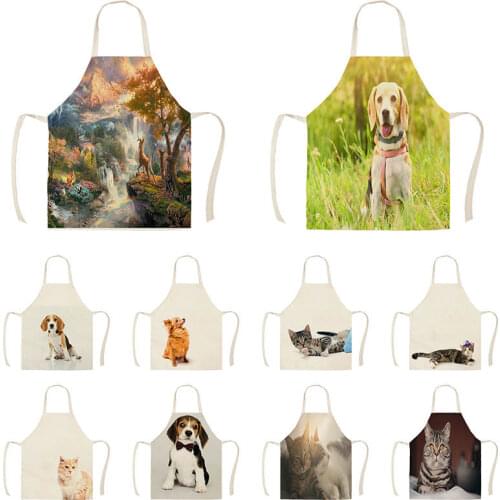 Funny Dog Pug Cotton Linen Sleeveless Aprons For Women Cotton Linen Bibs Household Cleaning Pinafore Home Cooking Apron WQTX03