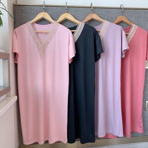 Summer Women Nightdress Short Sleeve Solid Color V-neck Lace Nightgowns Sweet Casual Sleepwear Pyjamas Women Sleepdress Shirt