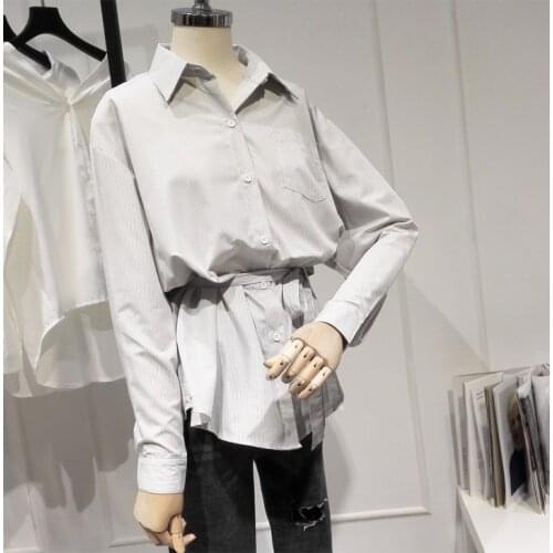 Autumn new fashion light blue medium style shirt womens long sleeve striped coat lady loose vintage outware TB3202