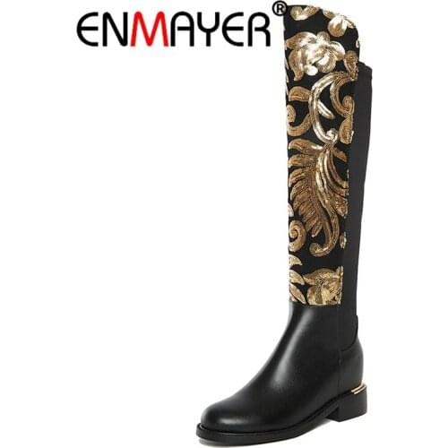 ENMAYER winter genuine leather boots women knee high boots height increasing stretch cloth sexy fashion shoes woman black CR346