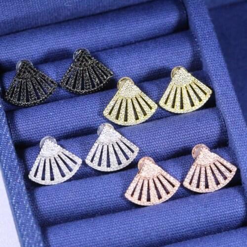 SLJELY High Quality Pure 925 Sterling Silver Pink Gold 3 Colors Fan Shaped Stud Earring Paved Cubic Zirconia Women Party Jewelry