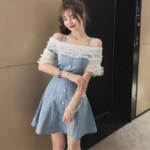One Piece Dress Slim Off Shoulder Short Sleeve Mesh Patchwork Ruffles New Fashion Front Buttons Lace Women Spaghetti Denim Dress