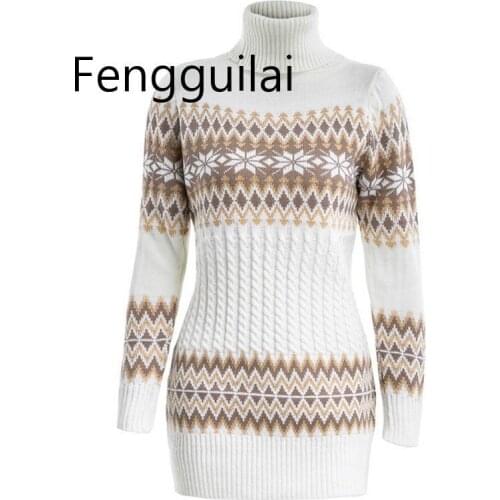2020 Autumn Winter Sweater Women Long Sleeve Sweater Dress Female Long Patchwork Snowflake Knitwear Turtleneck Pullover