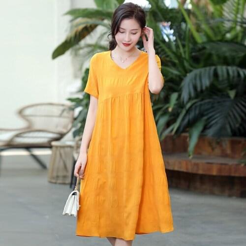 Vintage solid Dress Women Boho short Sleeve casual Dress o-neck Collar Casual Dresses Robe