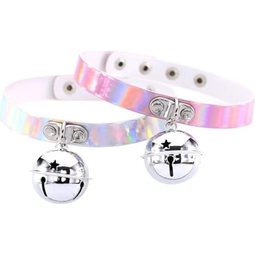 1.6cm Reflective Holographic Adjustable Choker Bell Pendant Handmade Metal Laser Collar Punk Gothic Necklace for Women Gift