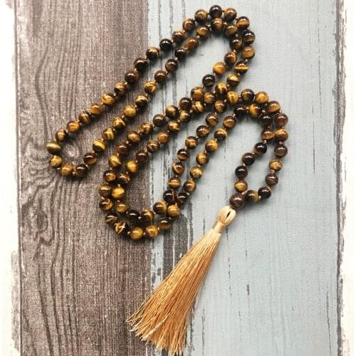 108 Healing Stone Knotted Jewelry Meditation Stone Prayer Beads Long Necklaces Men 8MM Tigers Eye Knotted Tassl Necklace