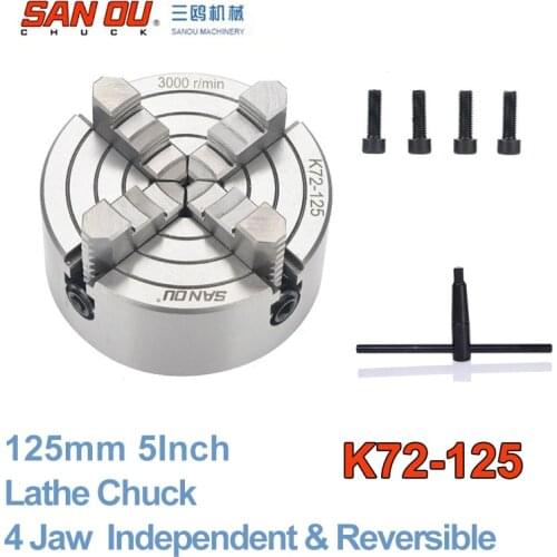 125mm 4Jaw 5" Lathe Chuck Independent & Reversible Jaw SANOU K72-125 for CNC Drilling Milling woodworking