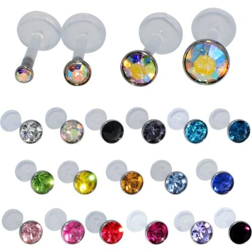 17Pcs/lot Bioplast Flexible Lip Bar&CZ Gem Top Mixed Color Lip Ring Ear Helix Tragus Cartilage Studs Body Piercing Jewelry 16G