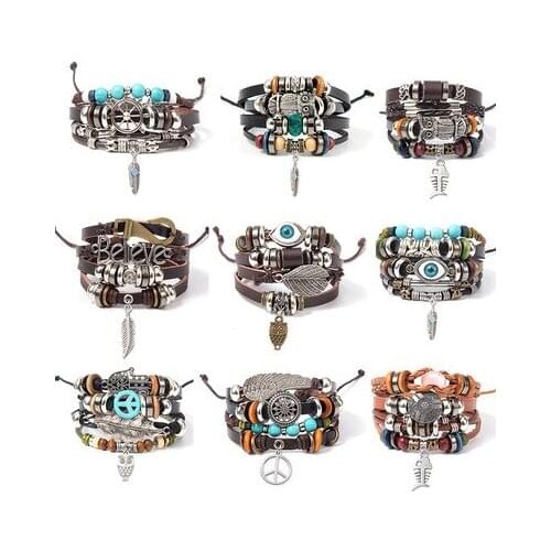 4Pcs/ Set Braided Wrap Leather Bracelets for Men Vintage Life Tree Rudder Charm Wood Beads Ethnic Tribal Wristbands Men Jewelry