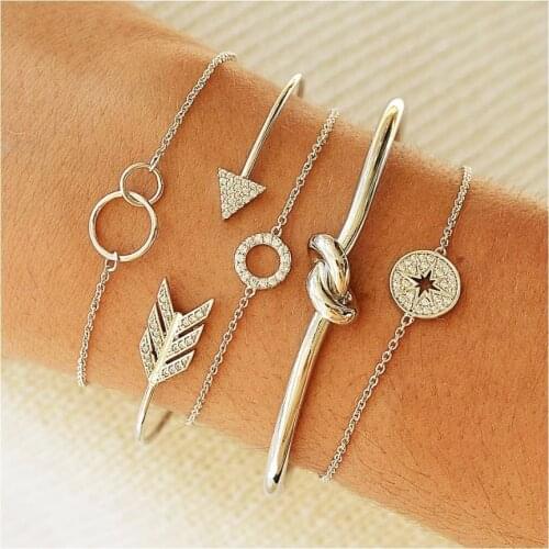 5 Pcs/Set Gold Silver Color Crystal Arrow Charm Bracelets Set for Women Bohemian Vintage Bracelet Female Fashion Open Jewelry