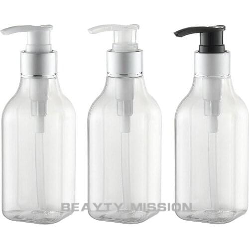 BEAUTY MISSION 200ml X 24 transparent square Aluminum cosmetic lotion pump plastic bottle,empty shampoo lotion bottles with pump