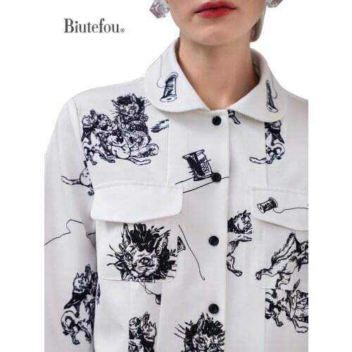 2021 Spring Women Cartoon Print Sketch Illustration Long Sleeve Shirt