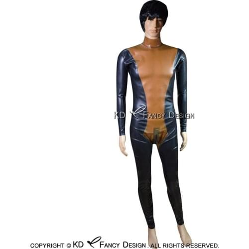 Black With Transparent Brown Bichromatic Latex Catsuit With Back To Crotch Zip Rubber Bodysuit Overall Zentai Body Suit LTY-0097