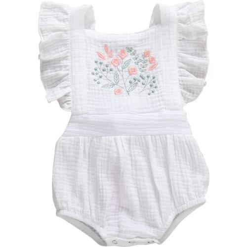 New Baby Girls Ruffle Romper Embroidered Flower Jumpsuit Cotton Rompers Outfits Summer Baby Clothes Sunsuit 0-24M