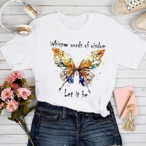 T-shirts Women Watercolor Butterfly Letter Short Sleeve Spring Summer Tshirt Top Lady Graphic Female Print Clothes Tee T-Shirt