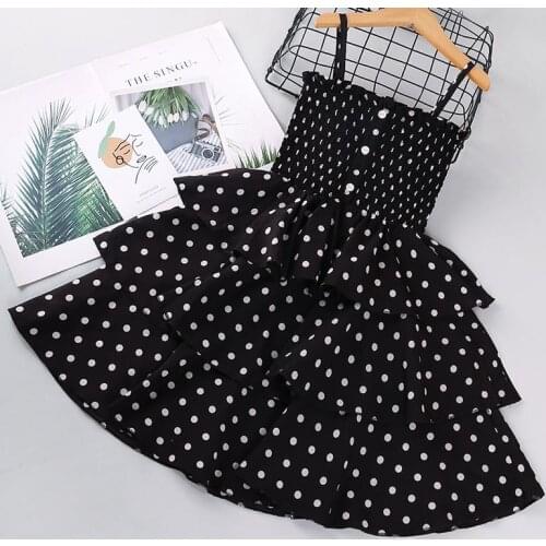 Summer Girl Wave Dot Point Dress Sleeveless Ruffles Neckline Muti-layer Tiered Beach Dress Girls Princess Casual Dresses