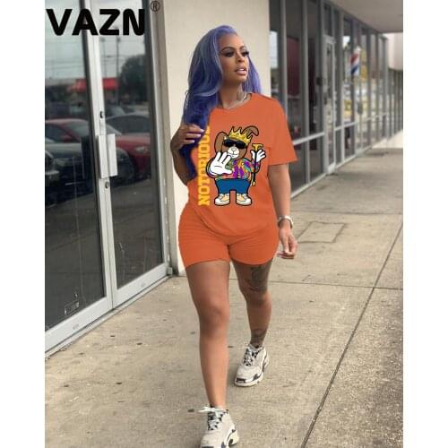 VAZN Young chic 2020 summer sexy lady black orange casual short 2-piece set short sleeve O-neck pullover T shirt shirts new set