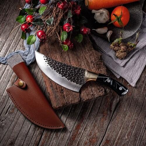 Liang Da Handmade Forged Butcher Kitchen Knife 6 inch Serbian Chopping Boning Knife Leather Cover Full Tang Handle Camping Tool