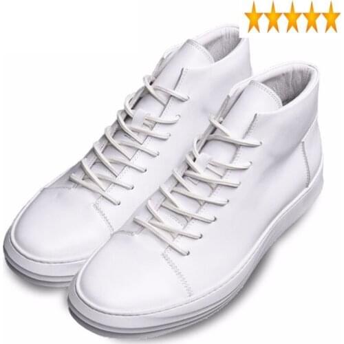 Leather Genuine High Flat Top Men Hip Hop Round Toe Platform Ankle Shoes Casual Lace Up Man Loafers Work Boots White Black