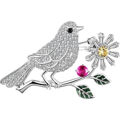 2019 Latest Trend Exquisite High Quality Copper Brooch Flower Branch Sparrow Copper Zircon Brooch Pin Men And Women Jewelry