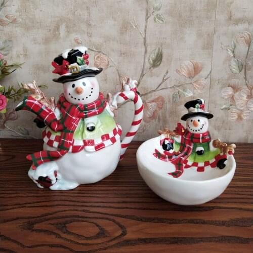 Cute Ceramic Snowman Dining Plates Salad Bowl Crafts Snack Dish Kettle Storage Jar Bottle Tableware New Year Gift