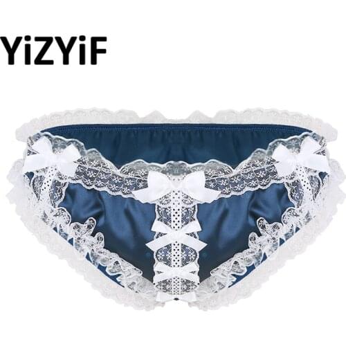 Mens bikini thong underwear Sissy panties Shiny Ruffled Floral Lace Satin Lingerie Low Rise Stretchy Bikini Briefs Underwear